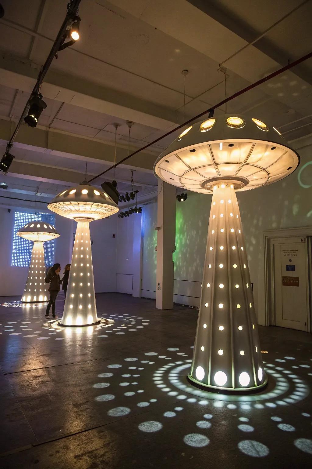Alien-inspired light fixtures creating an otherworldly atmosphere.