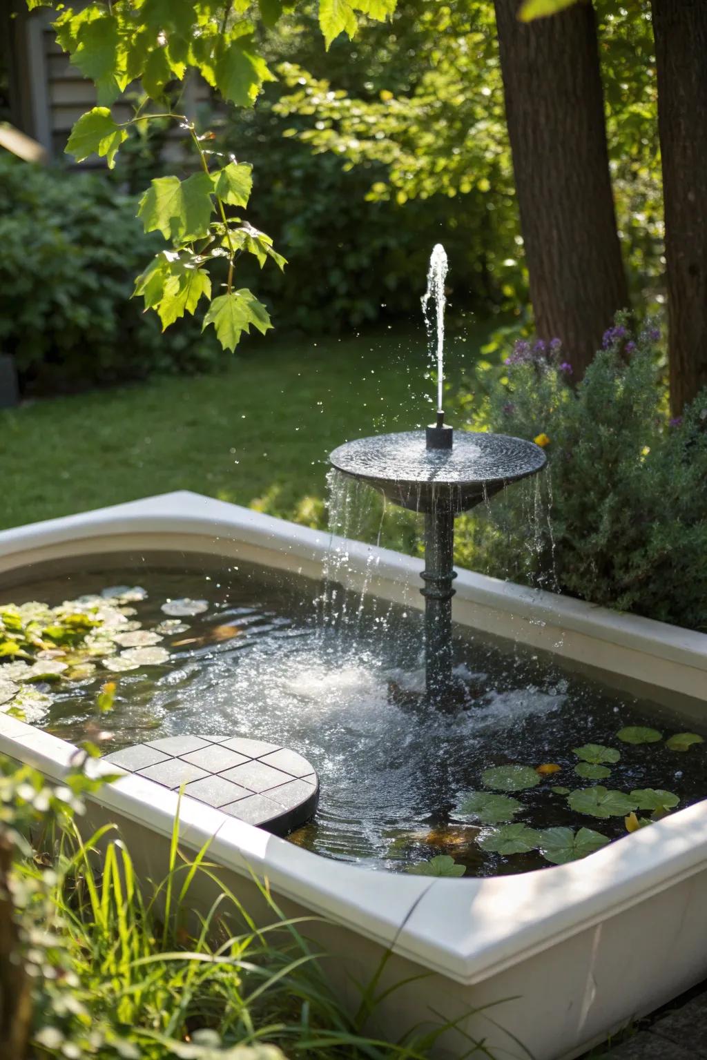 Embrace sustainable elegance with a solar-powered fountain that dances in the sunlight, transforming your bathtub pond into a serene oasis.
