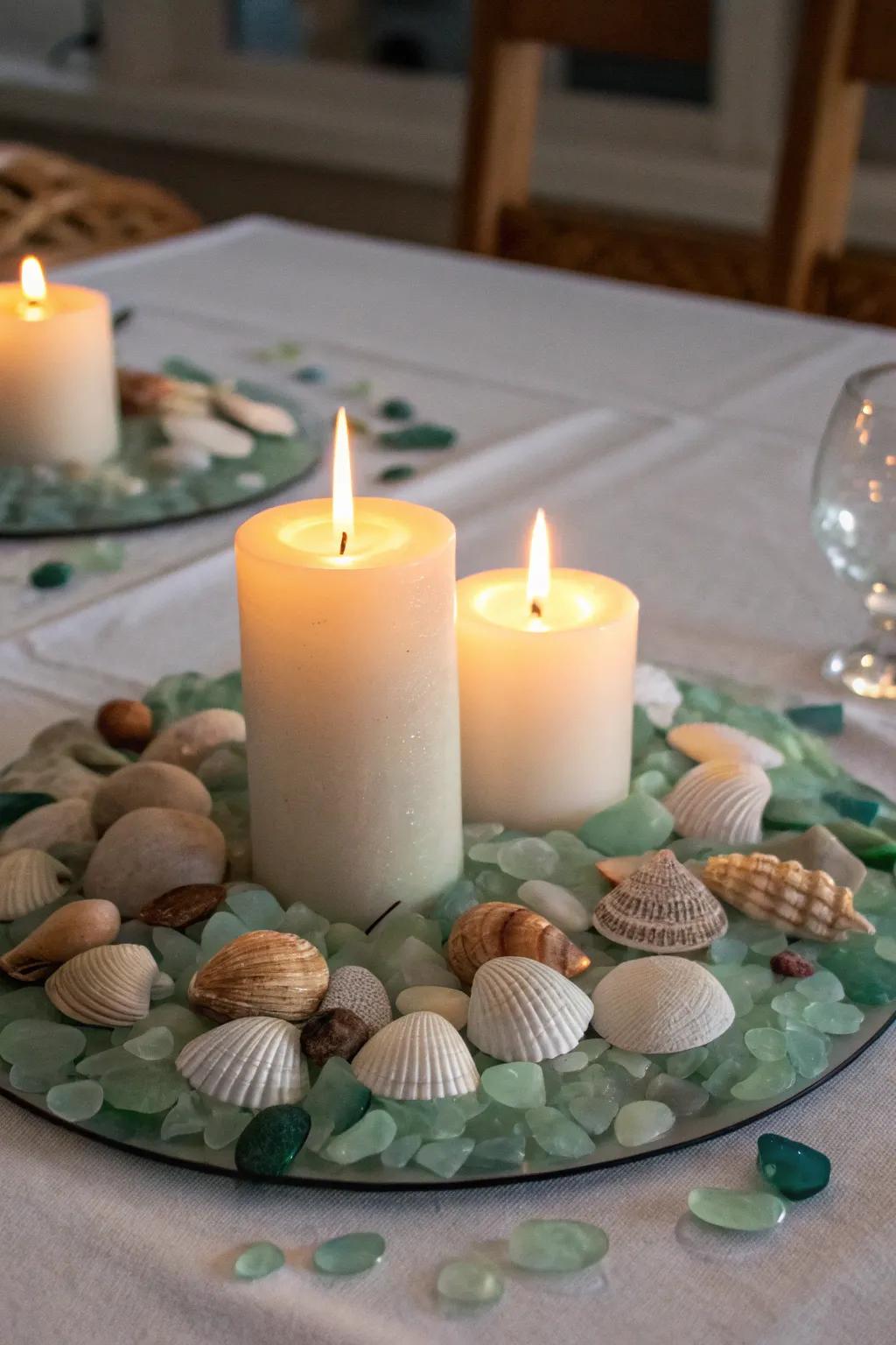Illuminate your space with a sea glass and shell candle display.
