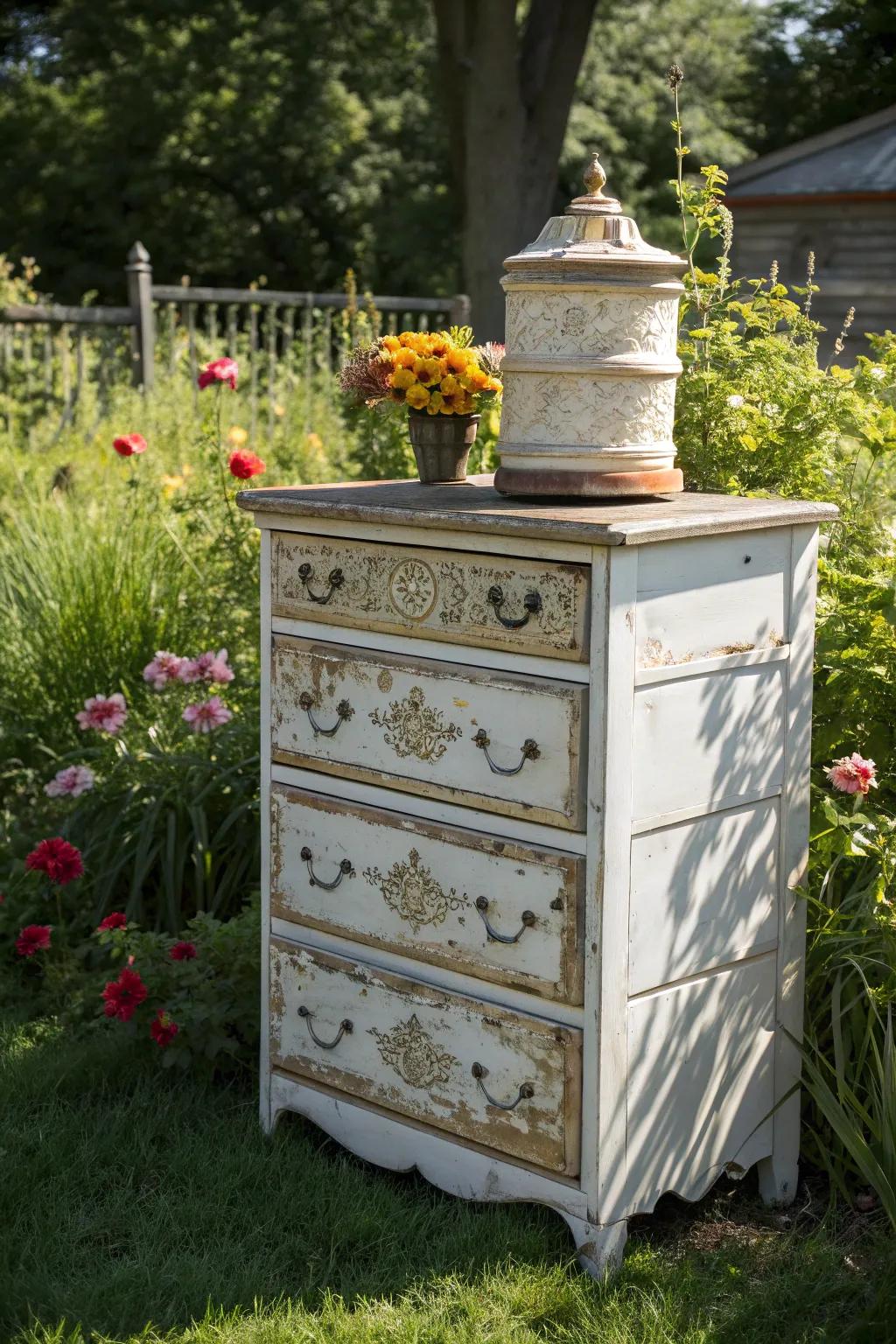 Give your garden a vintage twist by turning an old dresser into a unique bee hive stand!