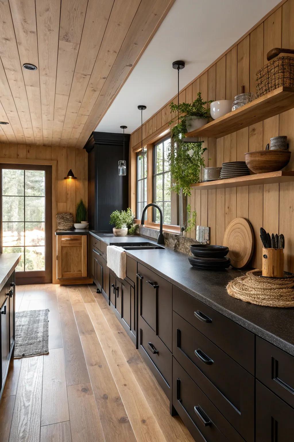 Black fixtures harmonize beautifully with natural elements.