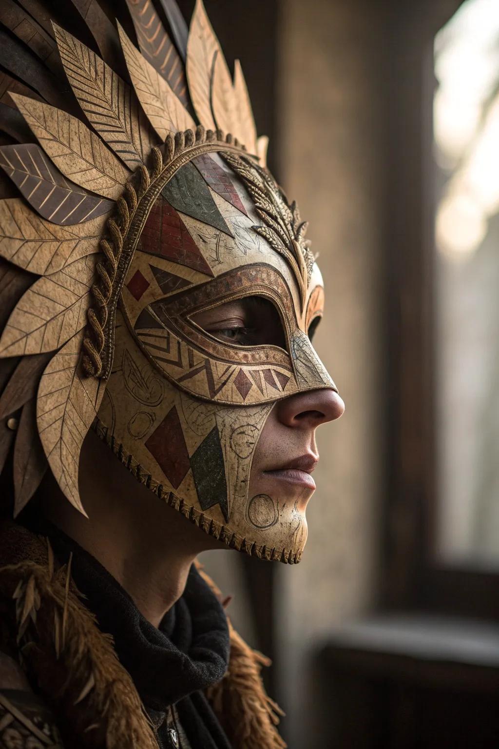 Unveil the mystery: A captivating recycled paper mask perfect for your next school play or parade.