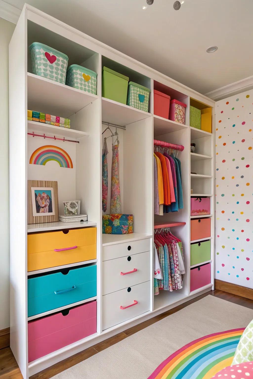 Colorful interiors bring a playful touch to this wardrobe design.