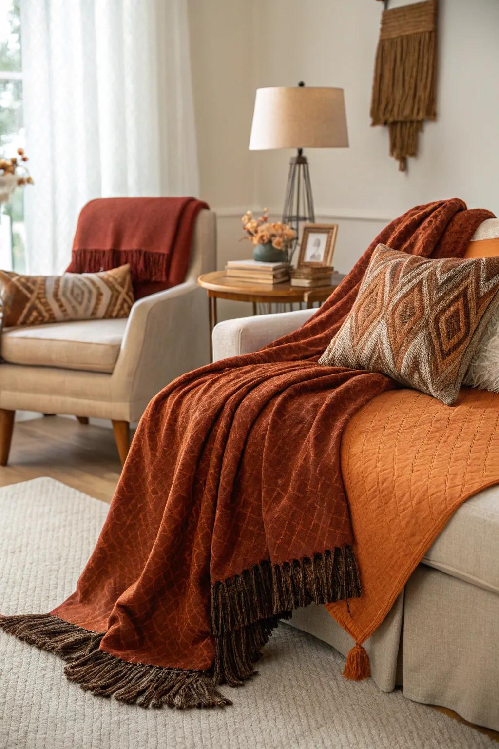 Burnt orange and brown throws provide warmth and style.