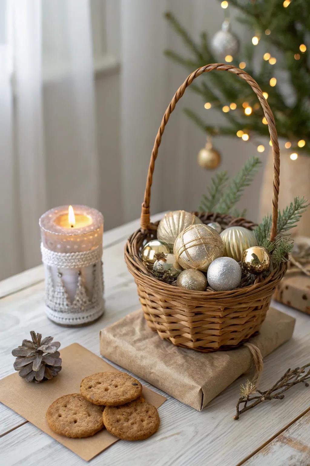 Elevate your holiday decor with a charming burr basket filled with festive delights. Perfect for adding a touch of warmth and elegance!