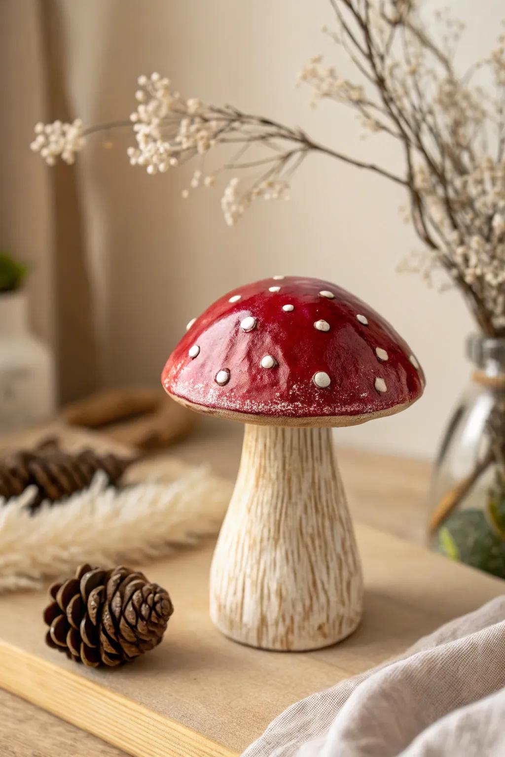 Add a whimsical touch to your decor with this enchanting ceramic mushroom, perfect for fall aesthetics.