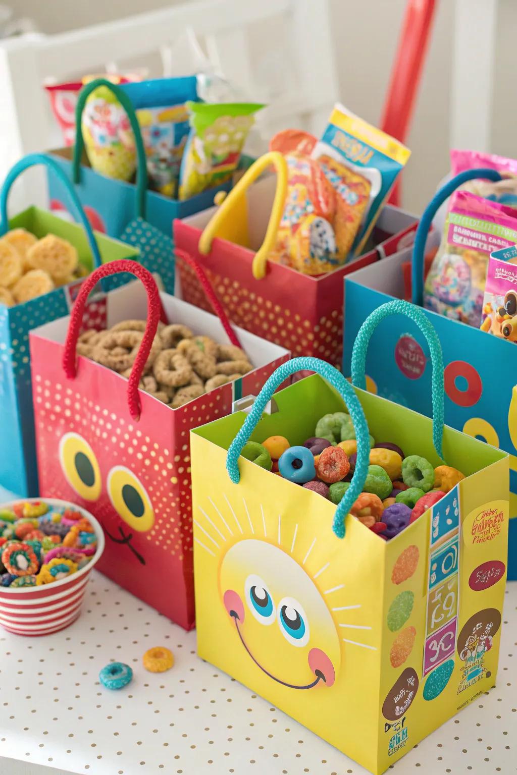 Colorful goodie bags filled with cereal-themed treats and toys.