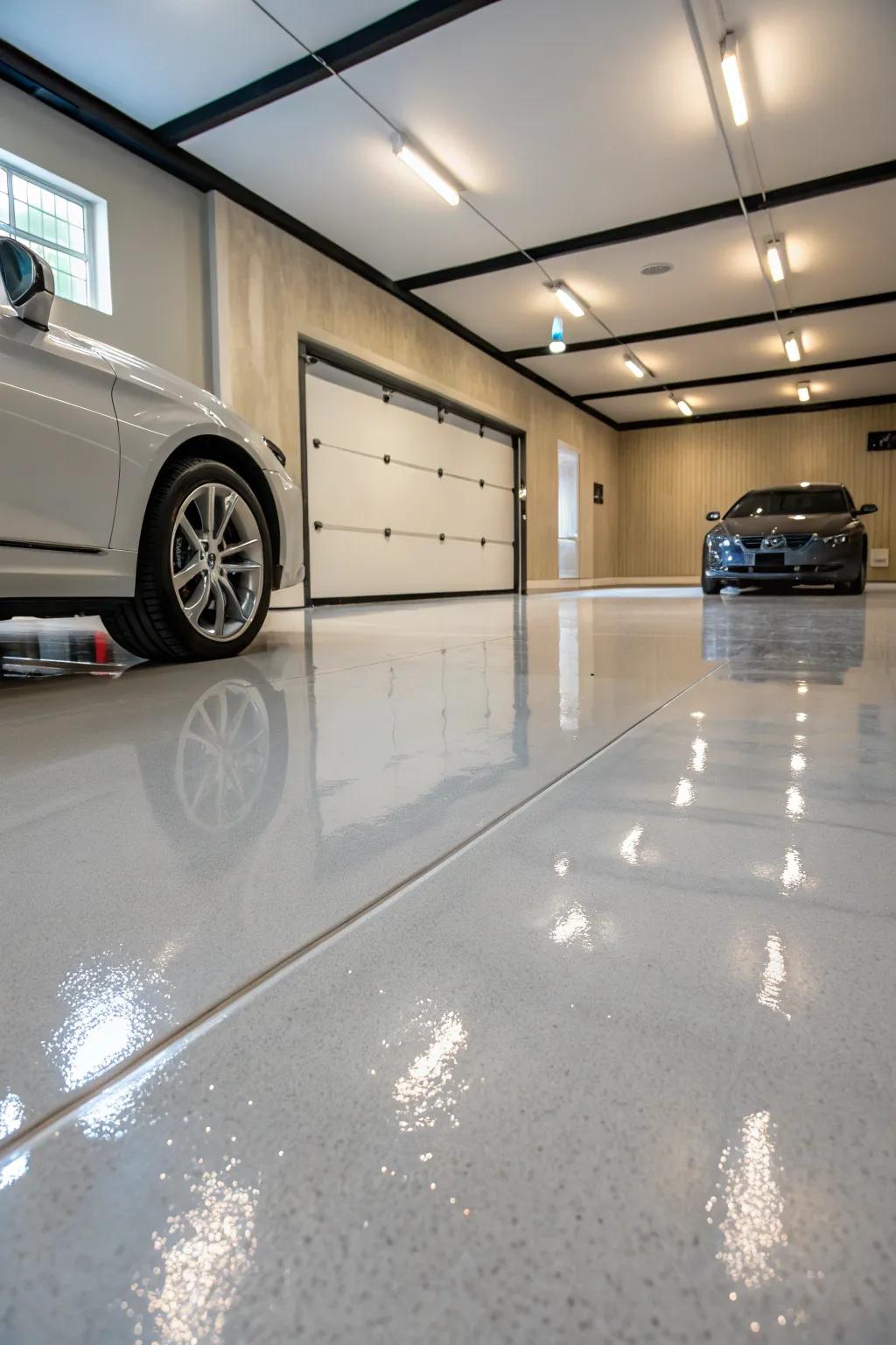 Transform your garage with sleek, light-colored flooring for a brighter, more inviting space.