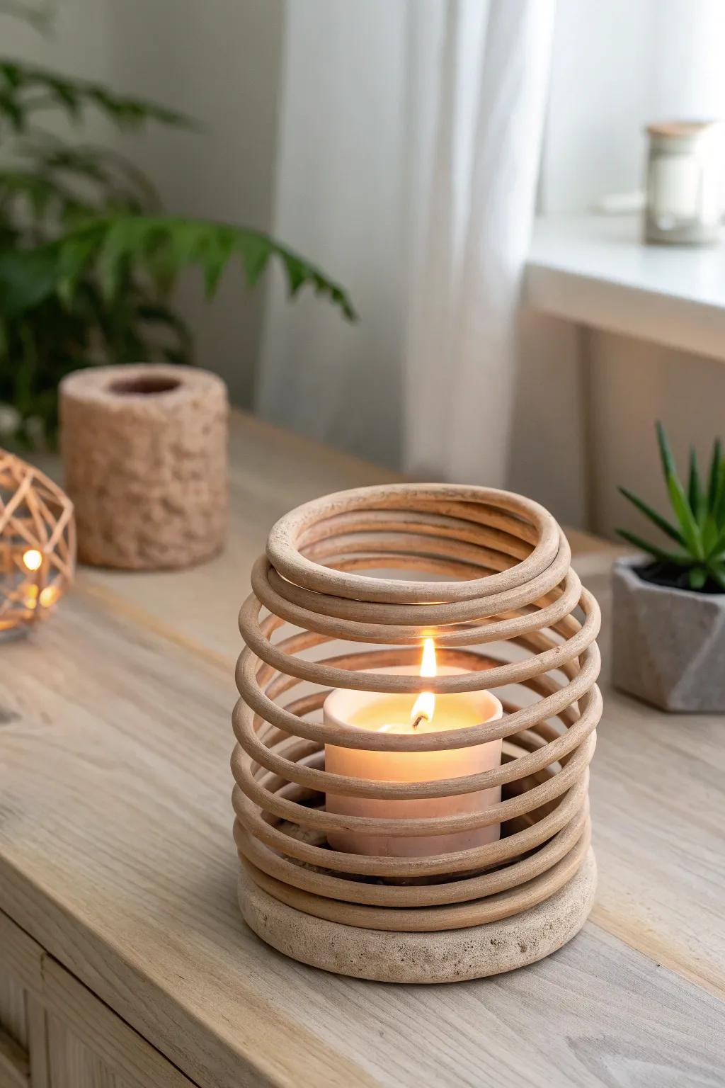 Illuminate your space with the natural beauty of a handcrafted coil tea light holder.