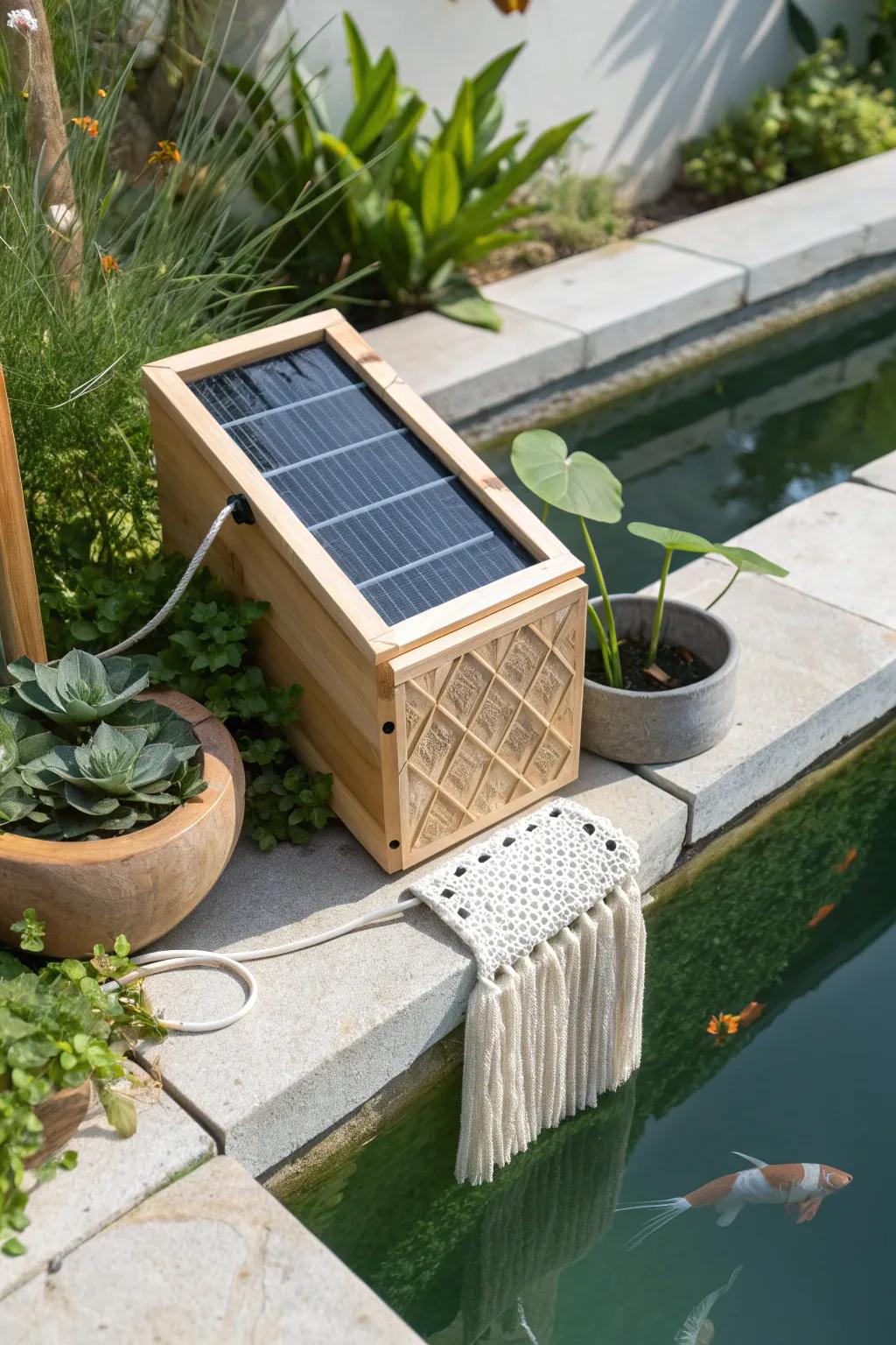 Harness the power of the sun with this stylish solar-powered pond filter, blending sustainability with Scandinavian elegance.
