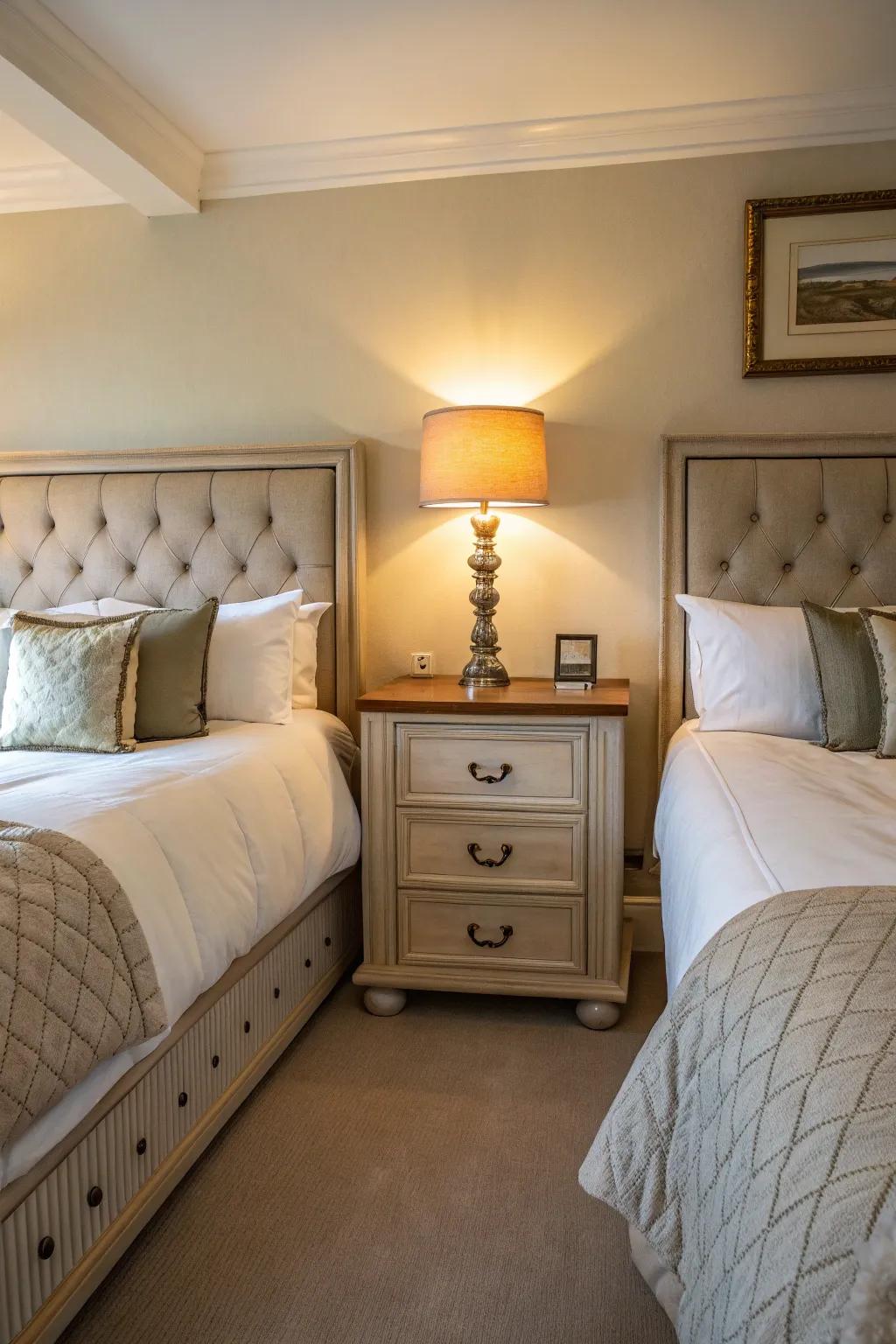 Double nightstands enhance balance and function.