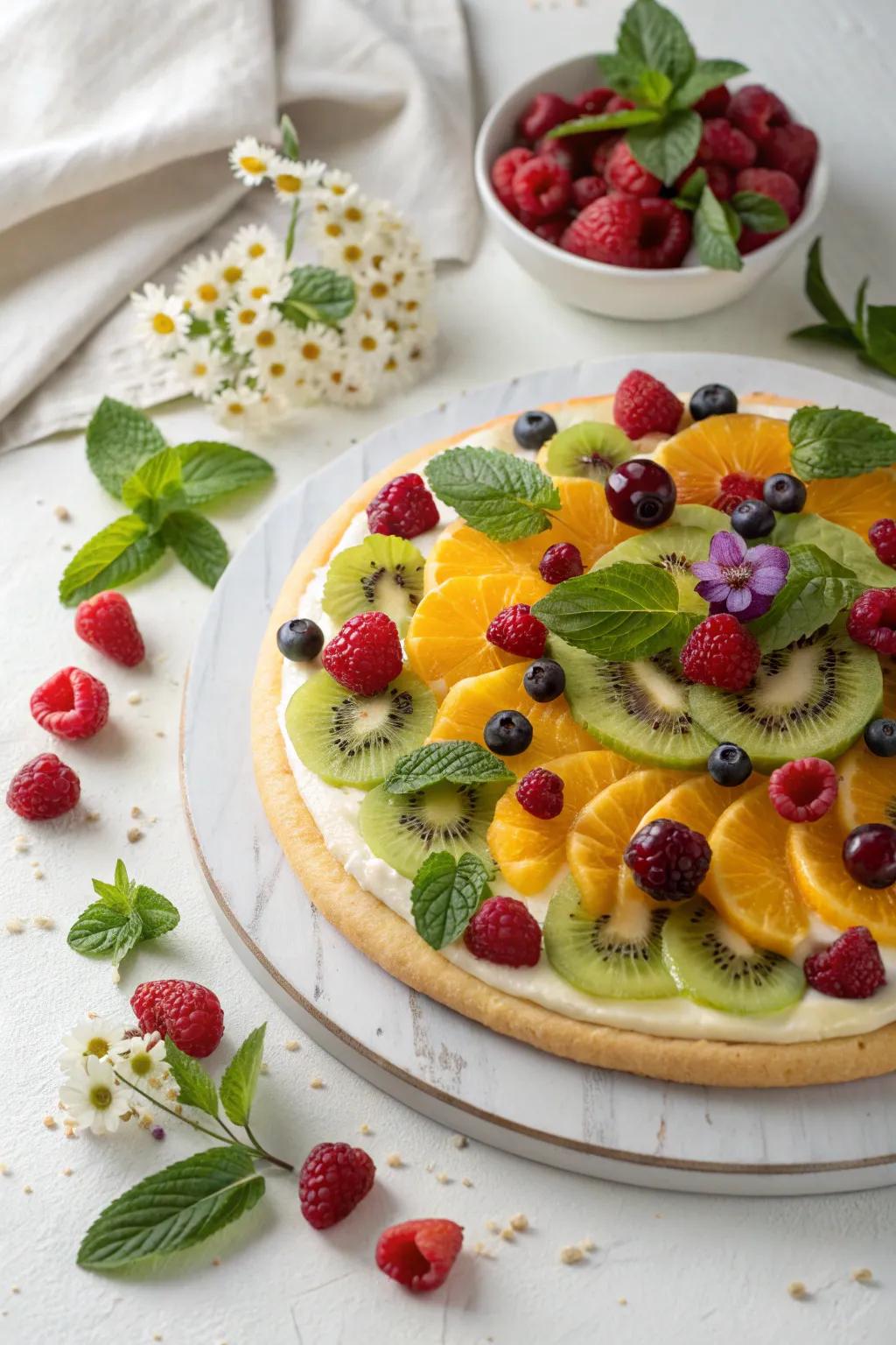 Indulge in the artful elegance of nature’s bounty with this stunning fruit pizza.