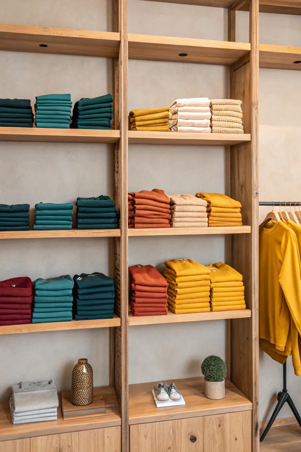 Elevate your t-shirt display with a chic shelf and divider combo that captures the essence of Scandinavian minimalism and boho flair.