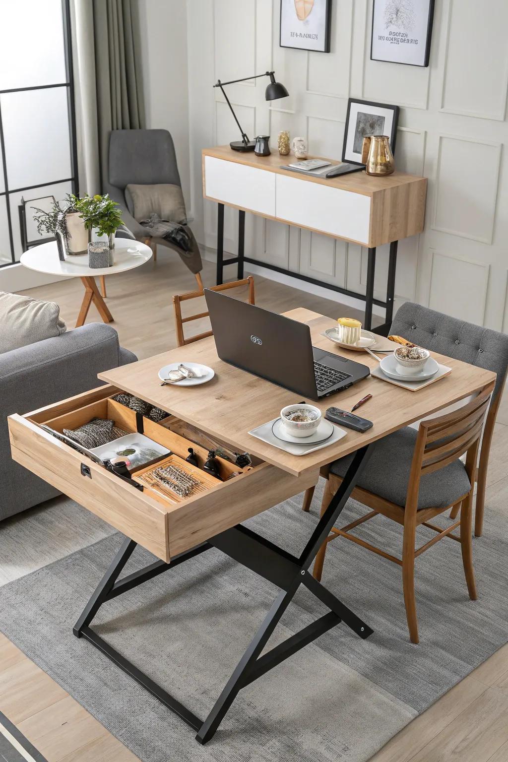 A convertible desk offers versatility for different daily needs.