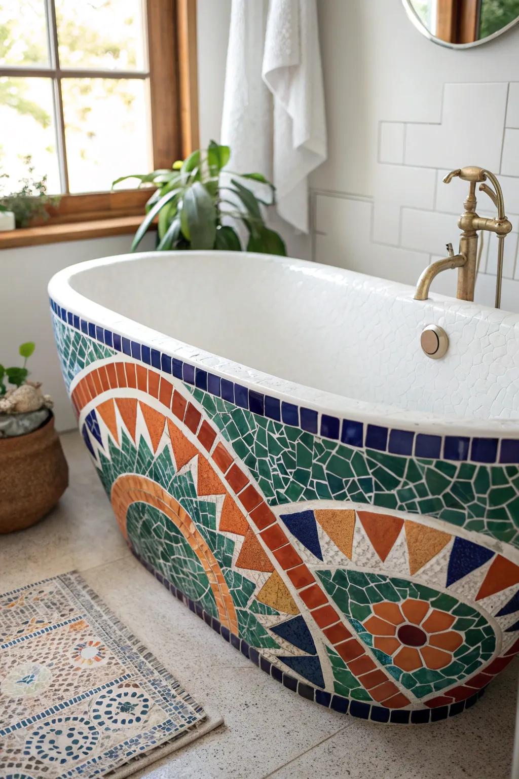 Transform your bathtub into a masterpiece with vibrant mosaic tiles, blending minimalism with artistic flair.