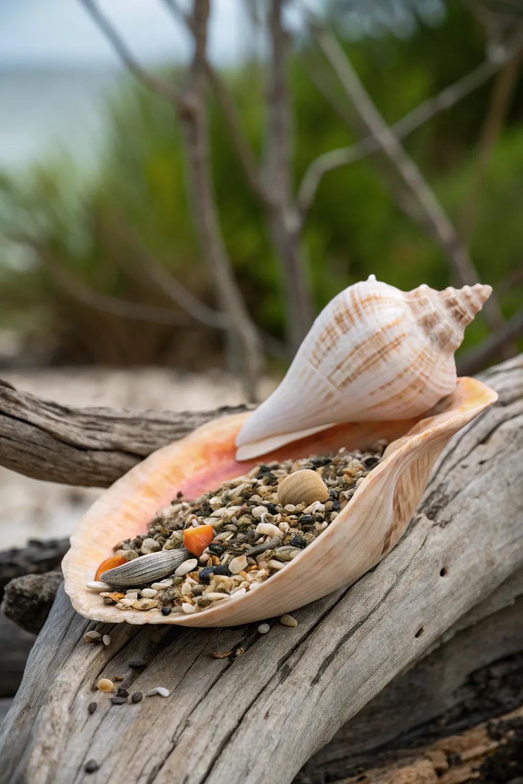 Elevate your garden with a touch of coastal charm: DIY Seashell Bird Feeder.