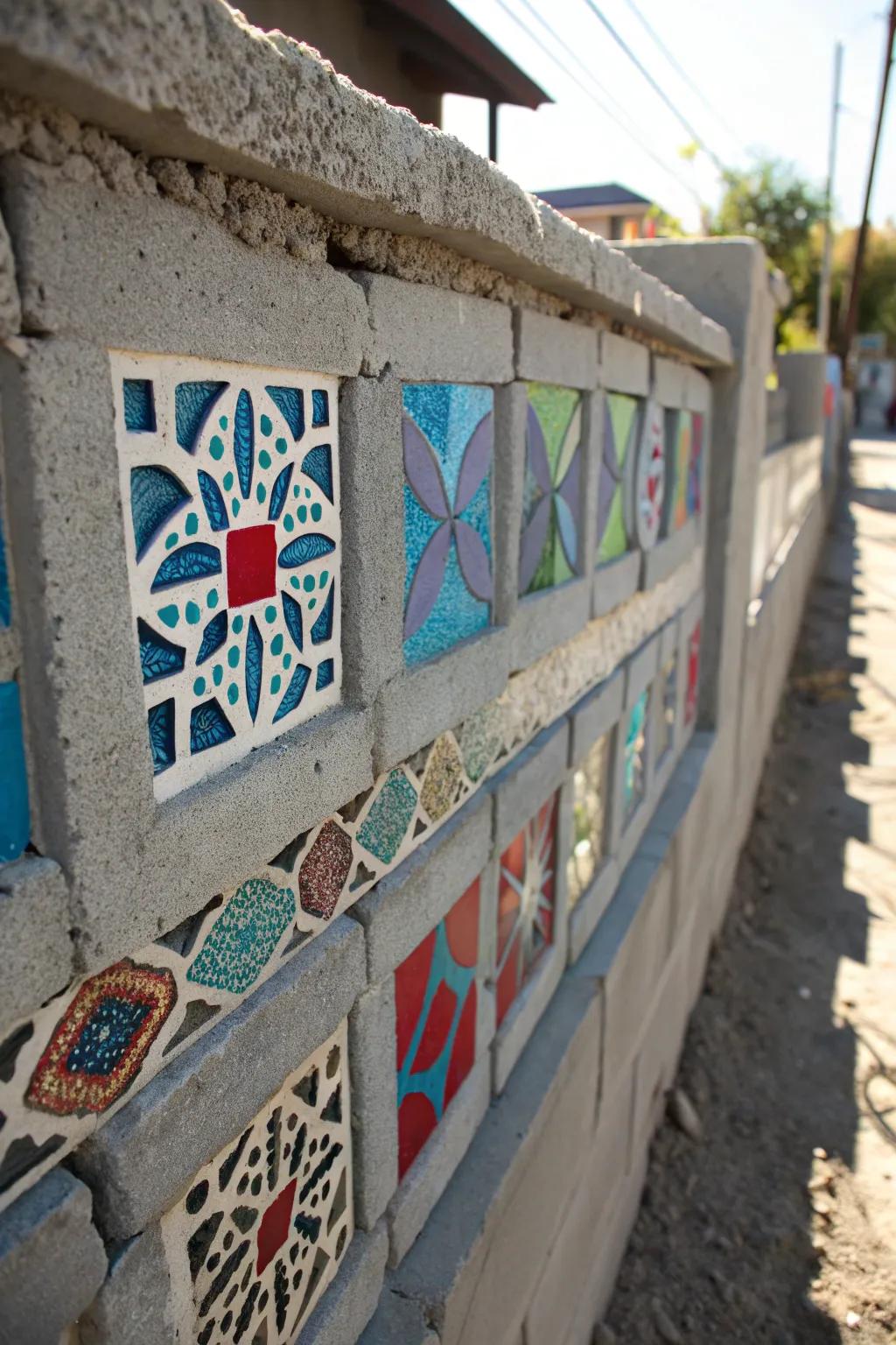 Transform your outdoor space with a striking mosaic cinder block fence that combines rugged charm with artistic flair.