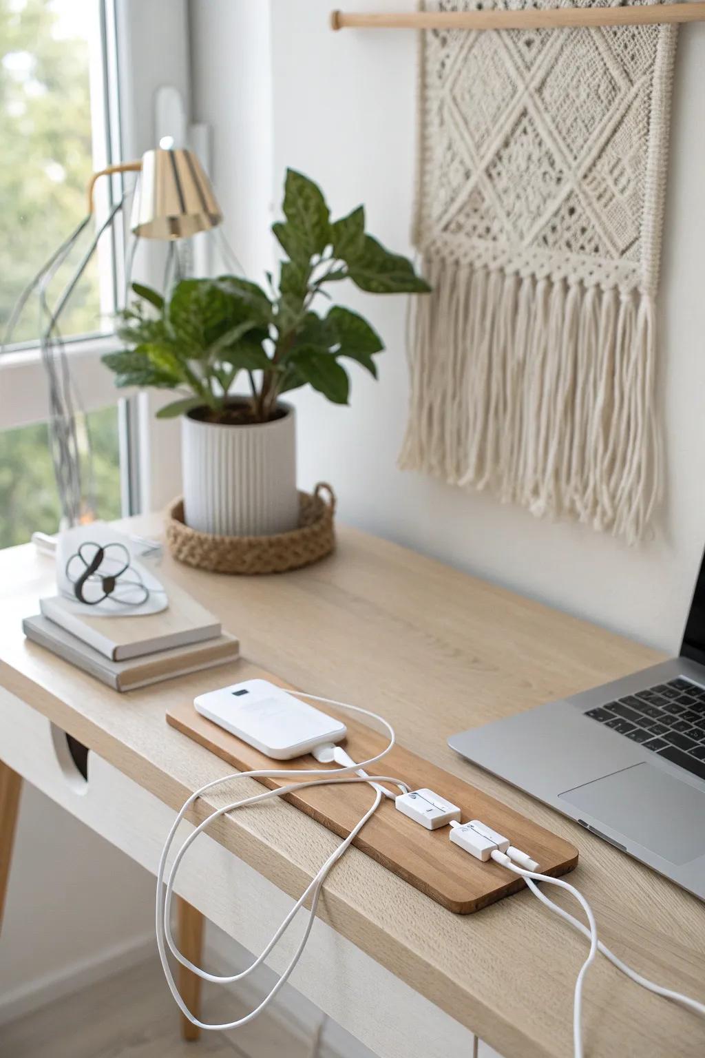 Streamline your workspace with Scandinavian elegance using a magnetic strip for a clutter-free cord solution.
