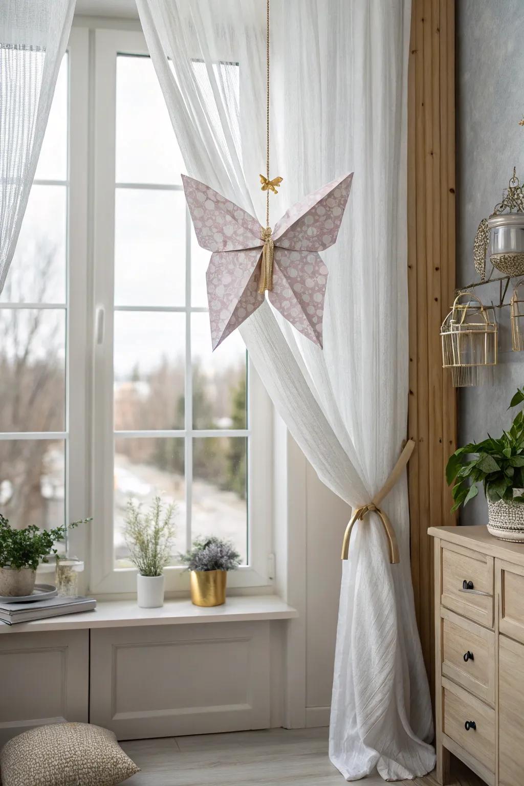 Transform your curtains with the delicate elegance of origami tie backs. Craft meets art in minimalist style. #DIYDecor #OrigamiArt