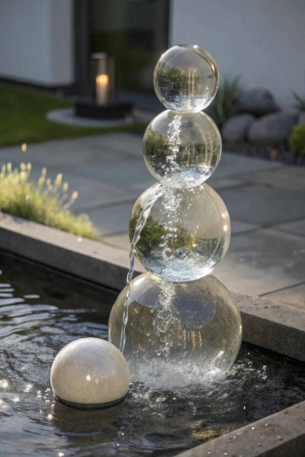 Elevate your space with this stunning stacked glass spheres fountain—a modern masterpiece in motion.