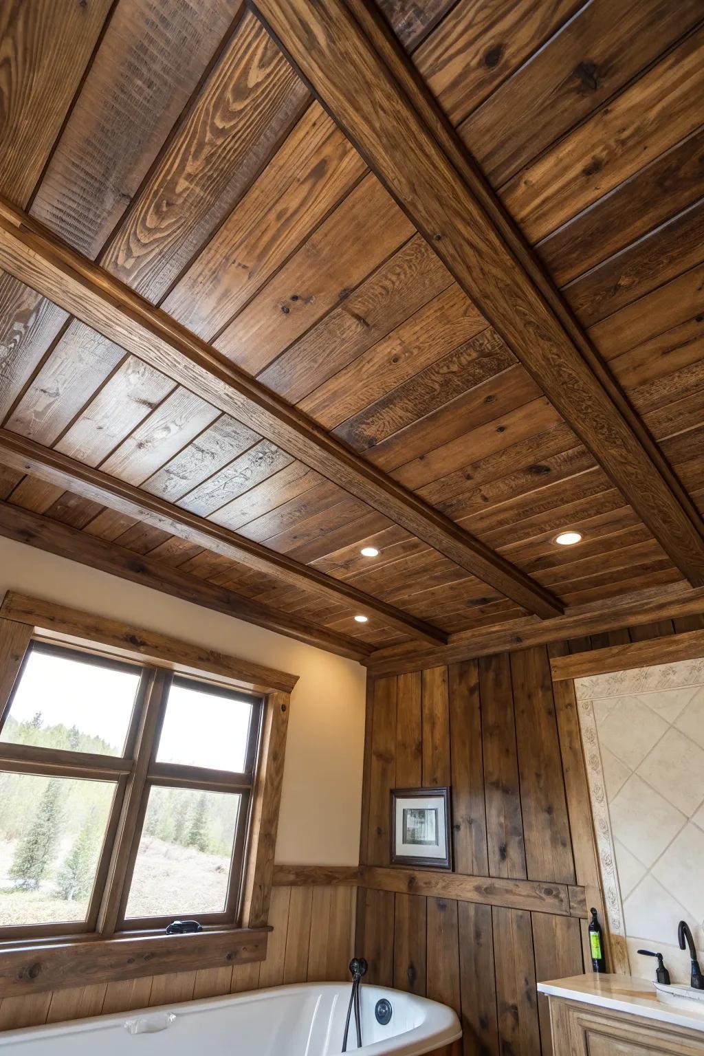 Elevate your bathroom with a stunning wood-paneled ceiling for that perfect rustic touch.