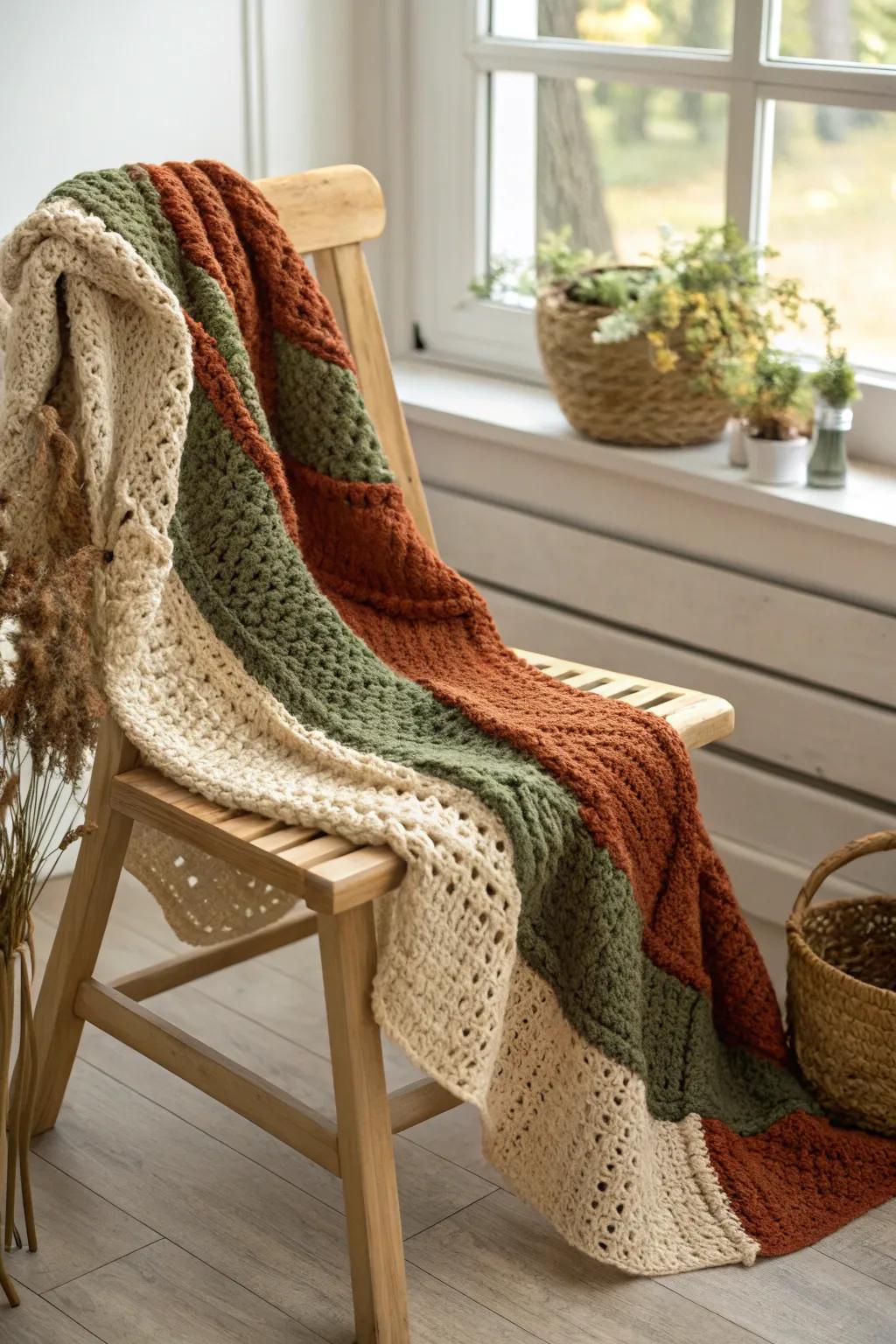 Cozy up with rustic charm: embrace warmth and simplicity with this earthy-toned crochet masterpiece.