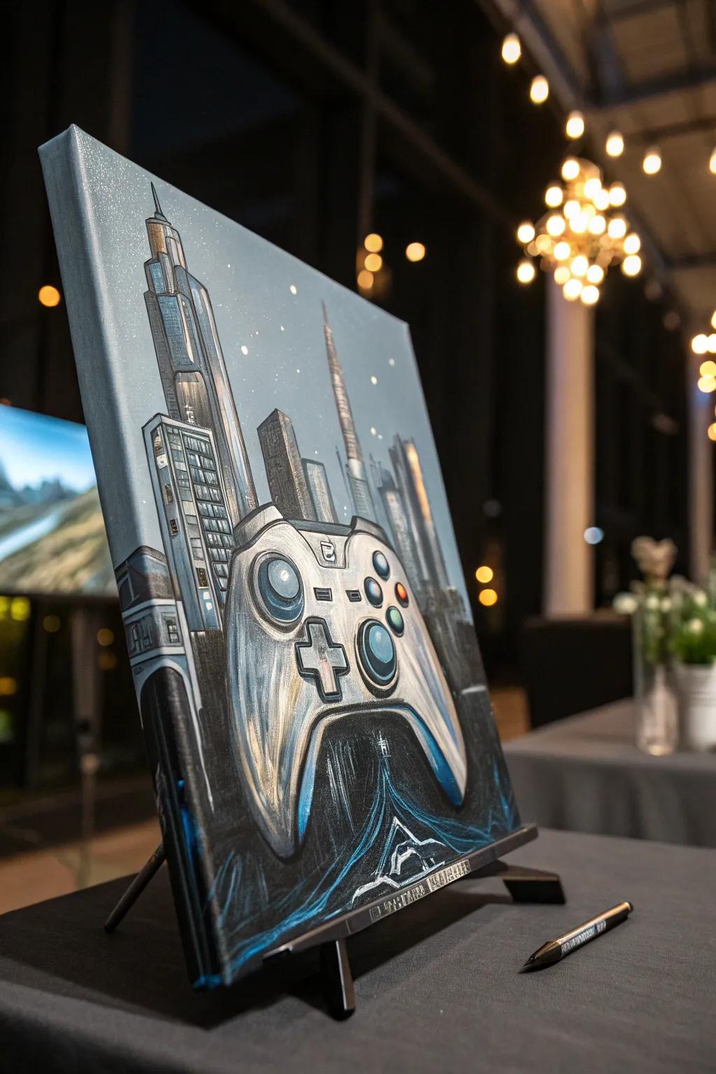 Unleash your creativity with metallic paints and dive into a futuristic gaming world on canvas.
