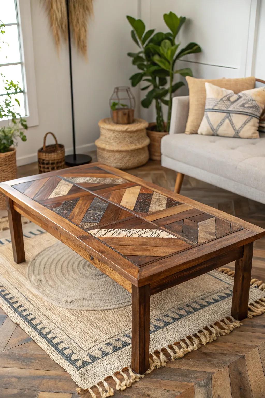 Nature's Patchwork: A stunning blend of rustic charm and modern elegance with this epoxy wood coffee table masterpiece.