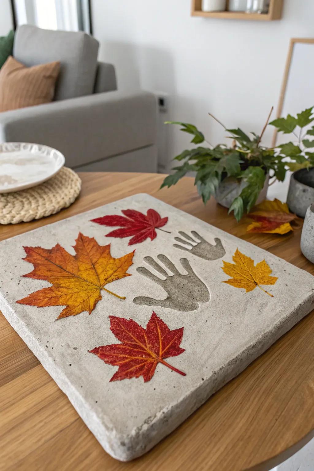 Celebrate the seasons with artistic family handprints, beautifully adorned with vibrant autumn leaves.