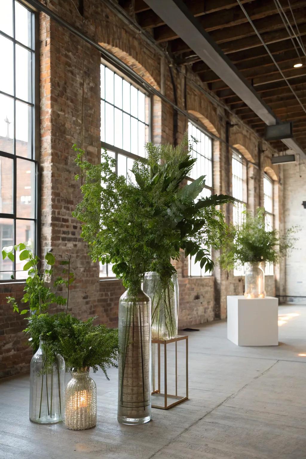 Mixed materials in vases create a modern, industrial texture.