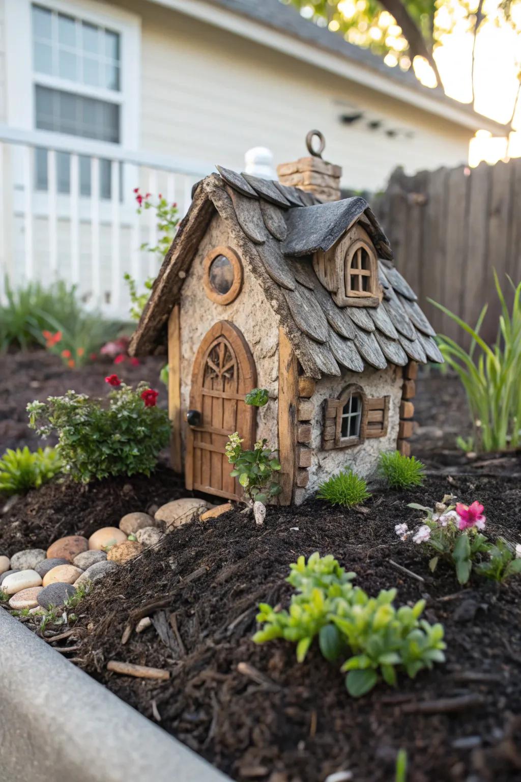 Transform your front yard into a whimsical wonderland with charming fairy houses nestled in mulch, delighting visitors of all ages.