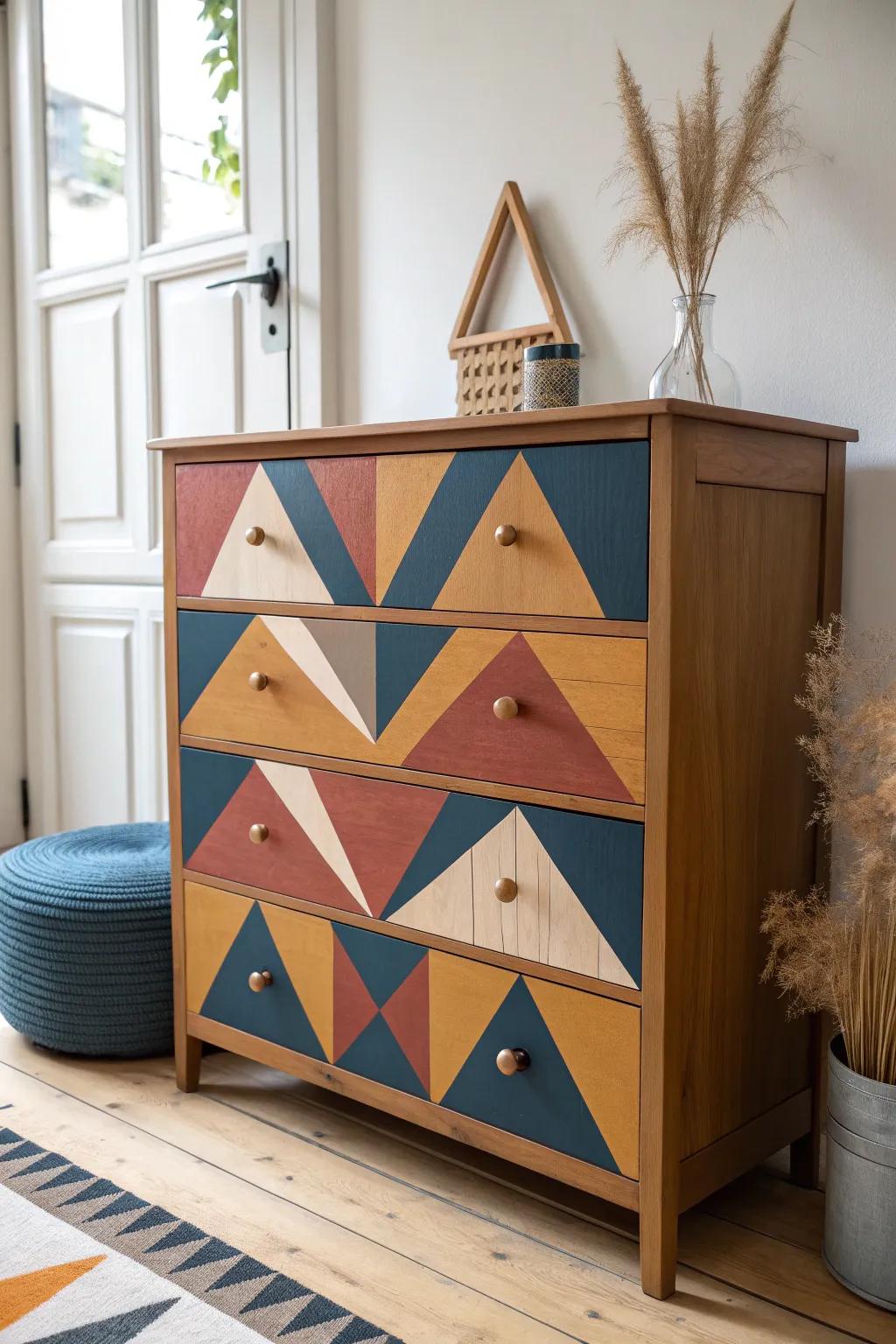 Elevate your space with bold geometric artistry on your dresser - where Scandinavian minimalism meets Boho flair.
