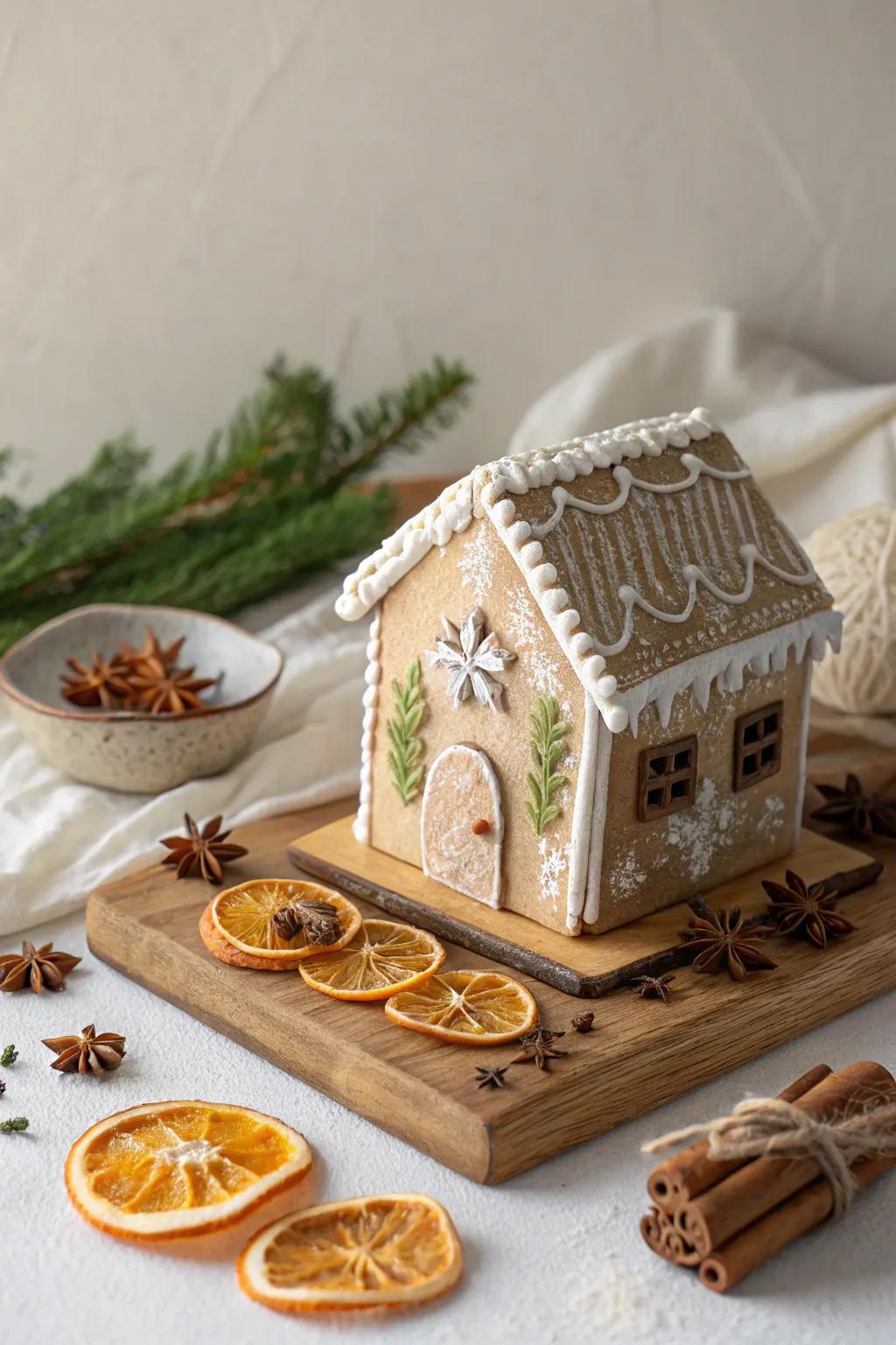 Embrace simplicity and sustainability with this eco-friendly gingerbread house, adorned with nature's own decorations.