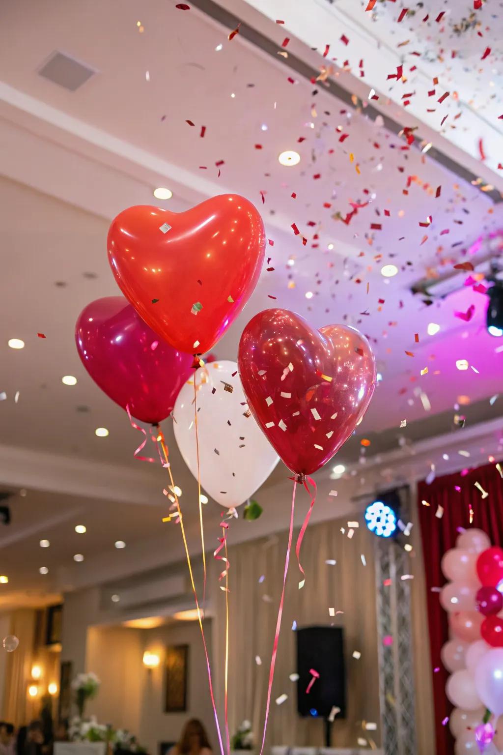 A festive heart balloon confetti shower for celebrations.