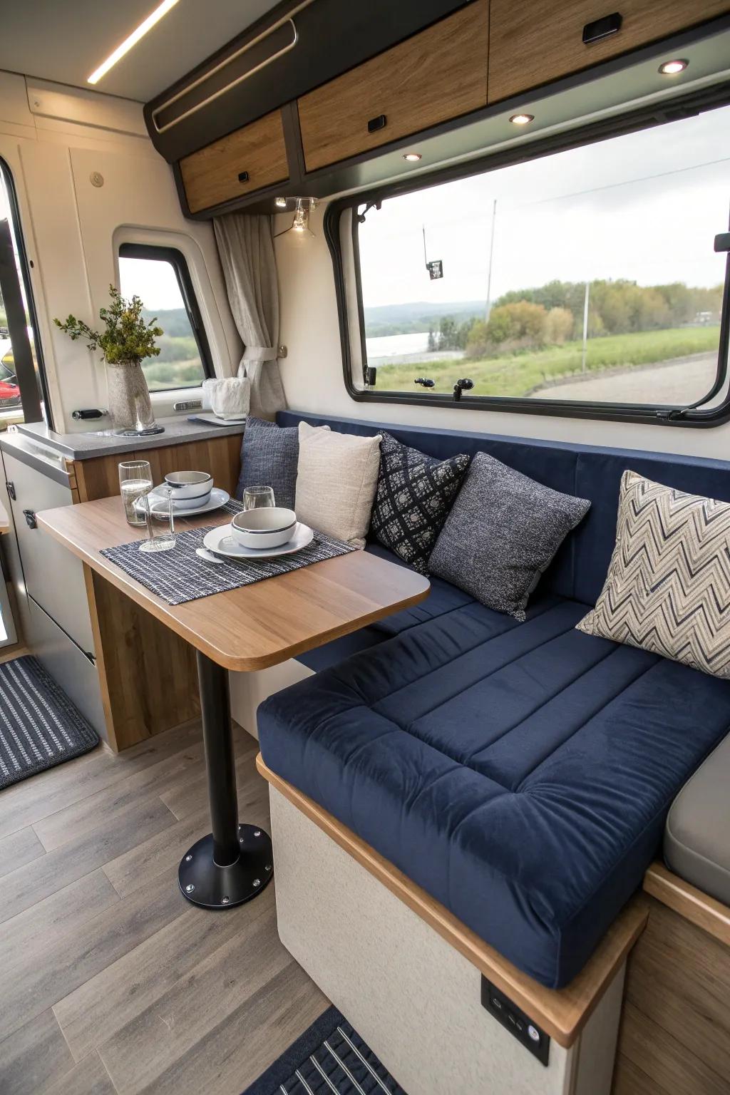 Transform your camper van into a versatile haven with a convertible lounge that exudes style and functionality. #VanLife #InteriorDesign