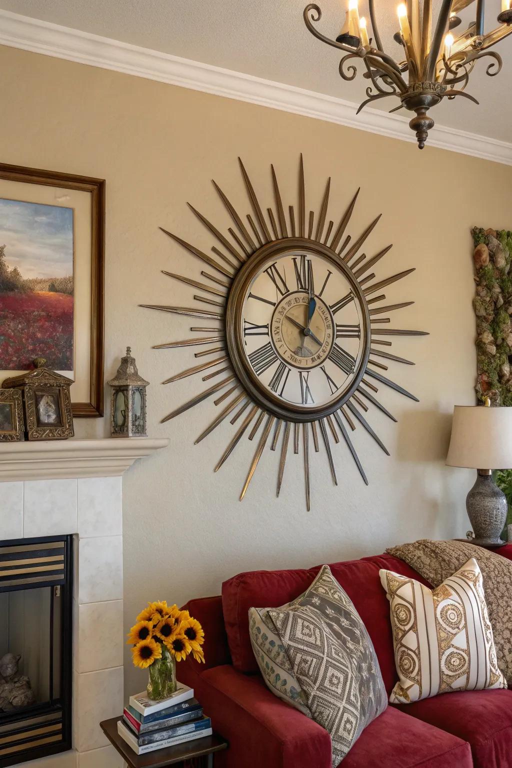 Sunburst clocks are timeless art deco elements that stand out.