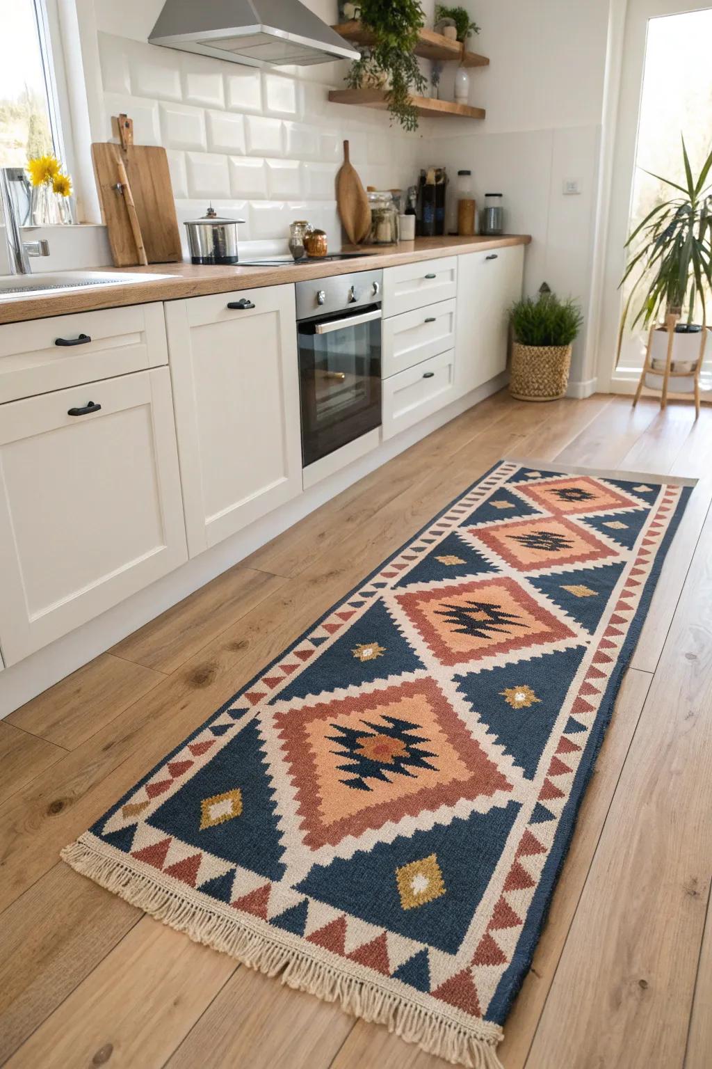 Transform your kitchen floor with a painted rug pattern that blends Scandinavian simplicity with boho flair.