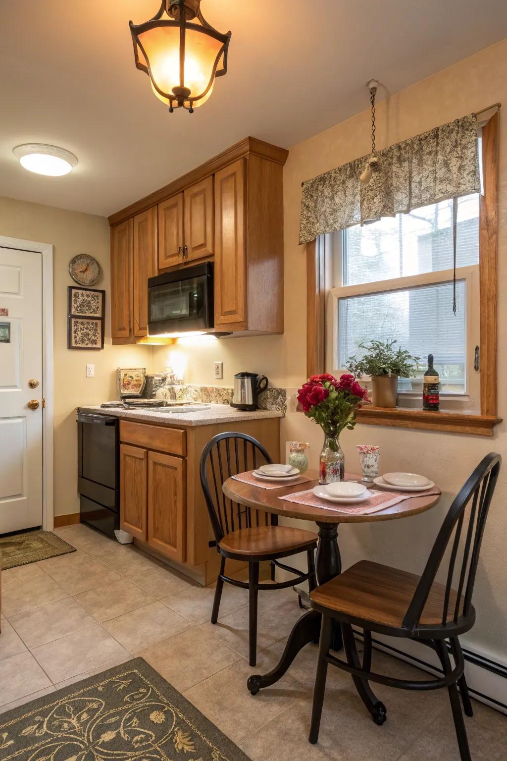 A breakfast nook adds charm and functionality to a windowless kitchen.
