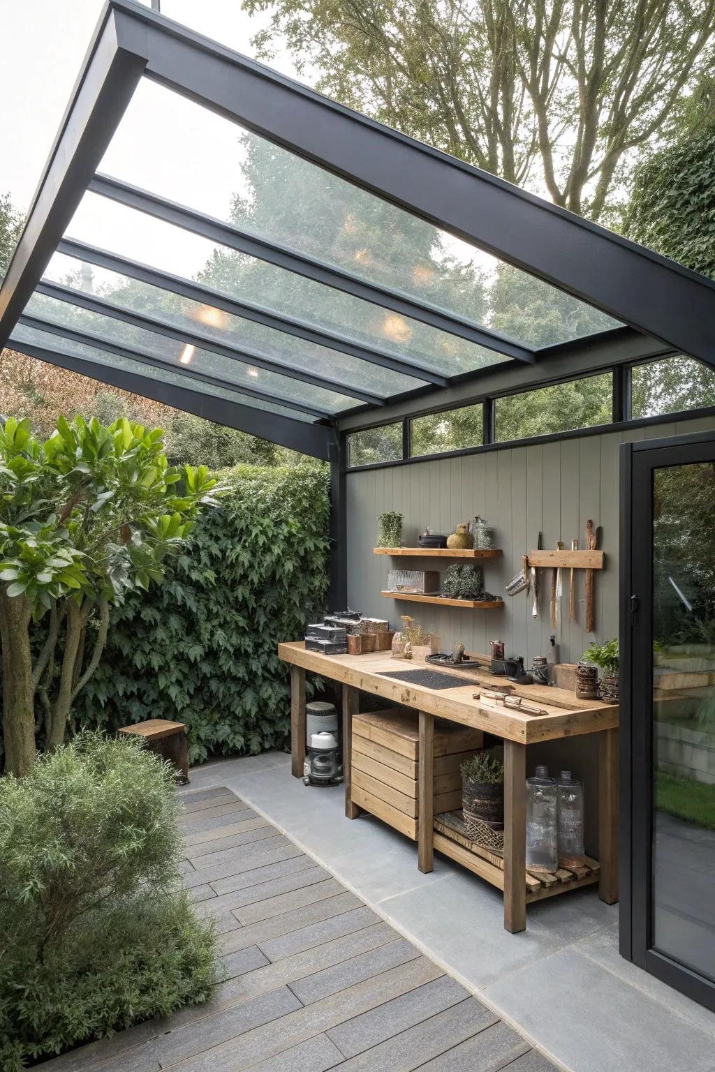 Transform your outdoor space into a haven for creativity with a stylish lean-to crafting corner.