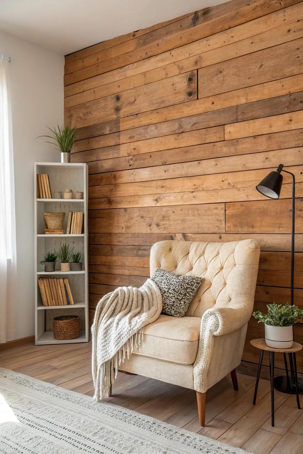 Transform your space into a serene escape with a stunning pallet wall and cozy reading nook.