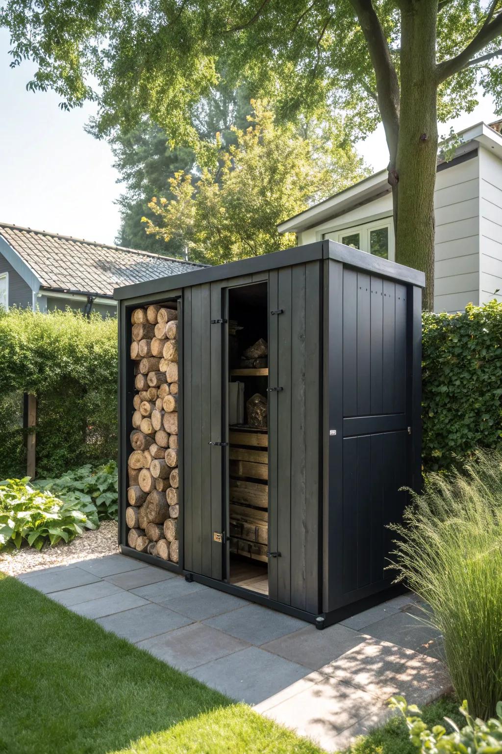 Elevate your storage game with this stylish outdoor lumber unit, perfect for keeping your materials organized and protected.