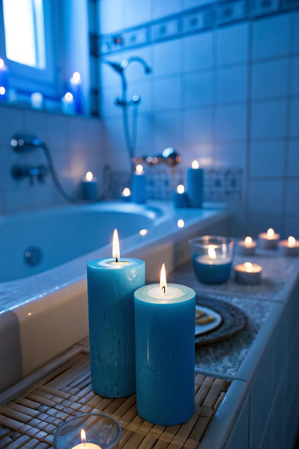 Blue candles enhance the ambiance with their relaxing glow and color.