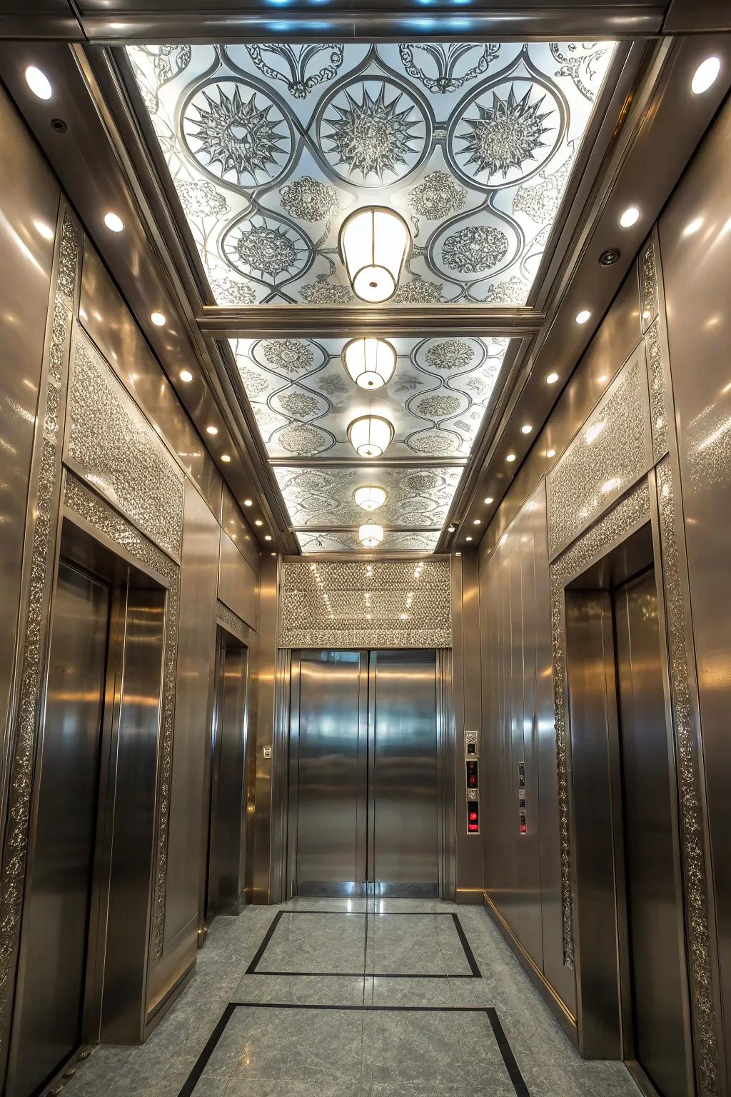 An elevator interior with an accent ceiling for a dramatic touch.