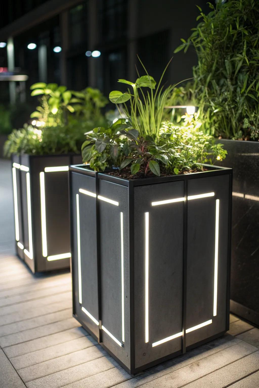 Transform your outdoor space with a modern planter that shines brilliantly under the night sky.