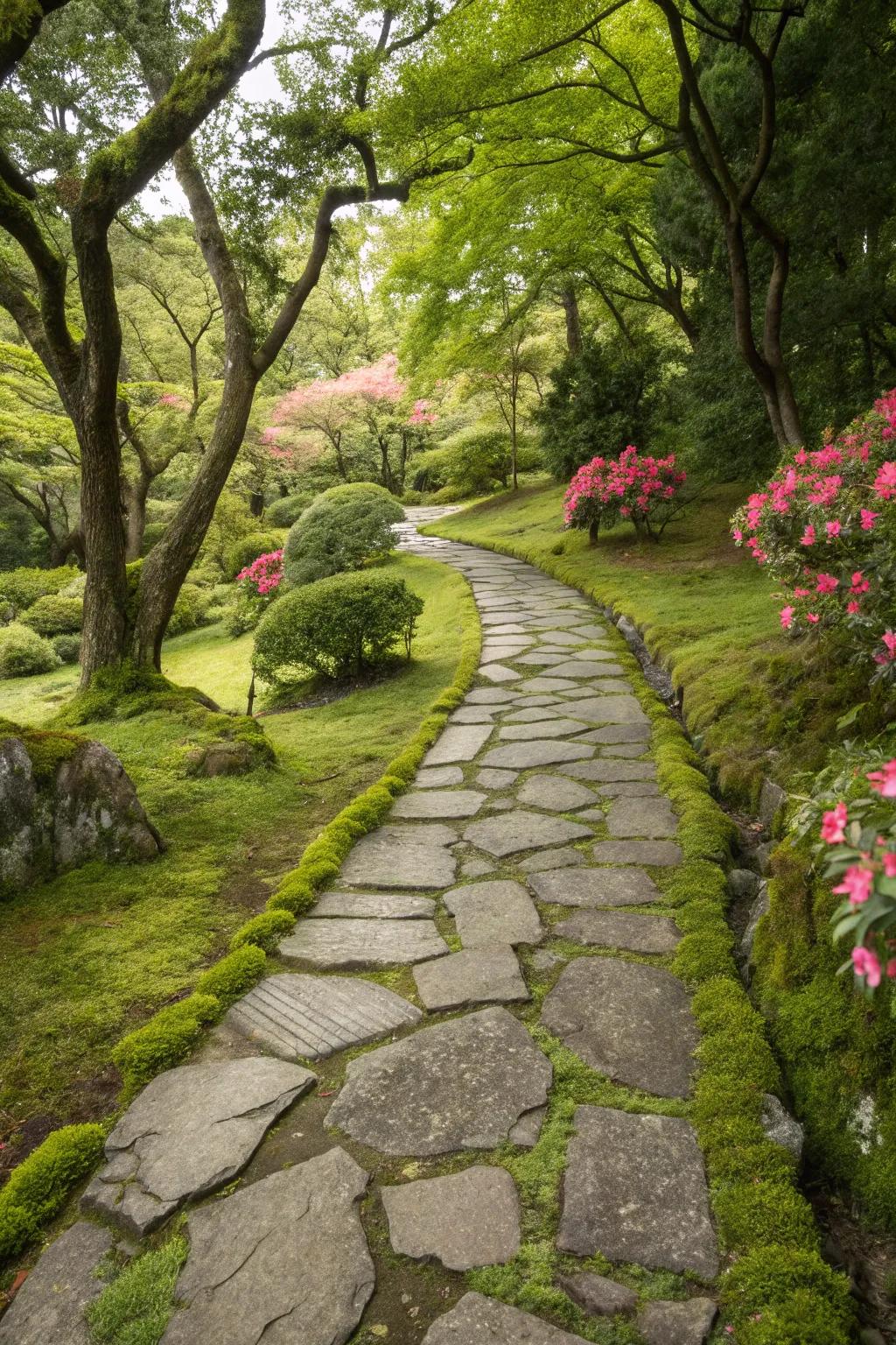 A whimsical stone pathway with moss for a storybook effect.