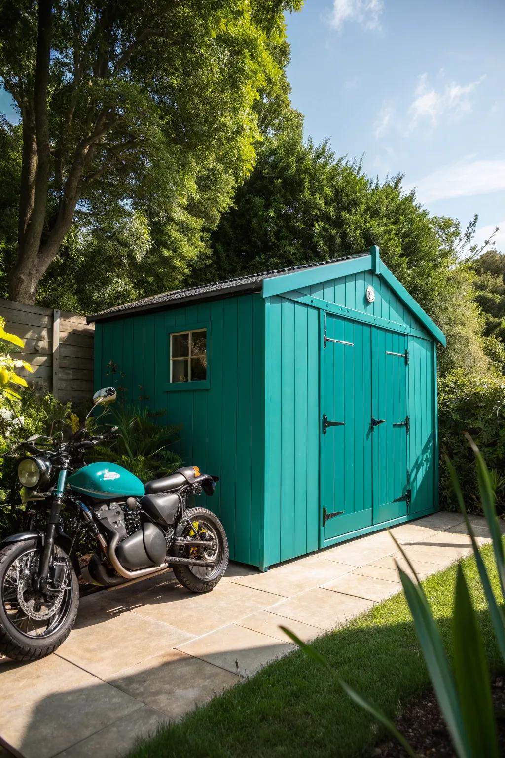 Transform your backyard with a bold teal motorcycle shed that steals the spotlight.