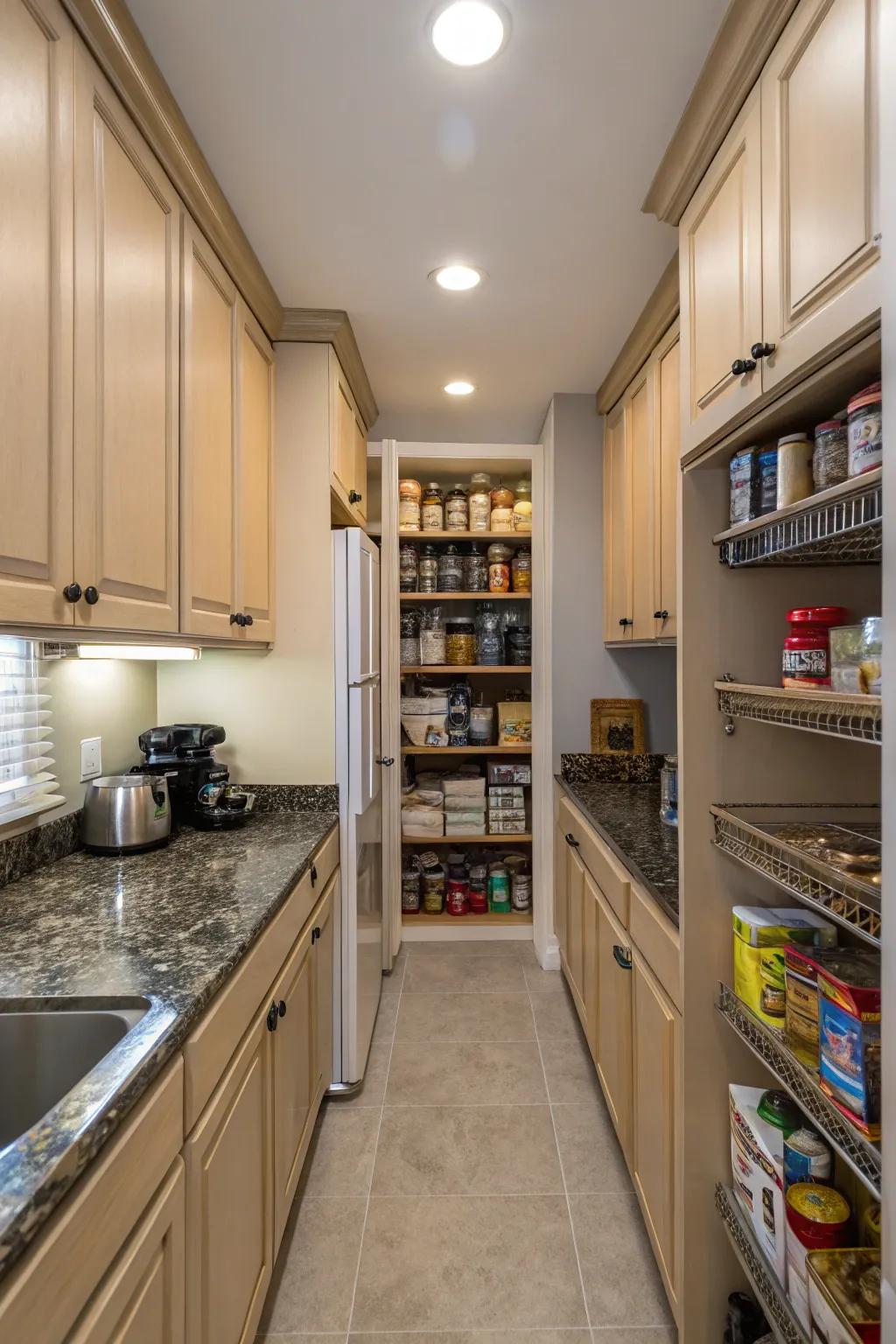 Above-cabinet storage in a narrow kitchen expanding storage capacity.