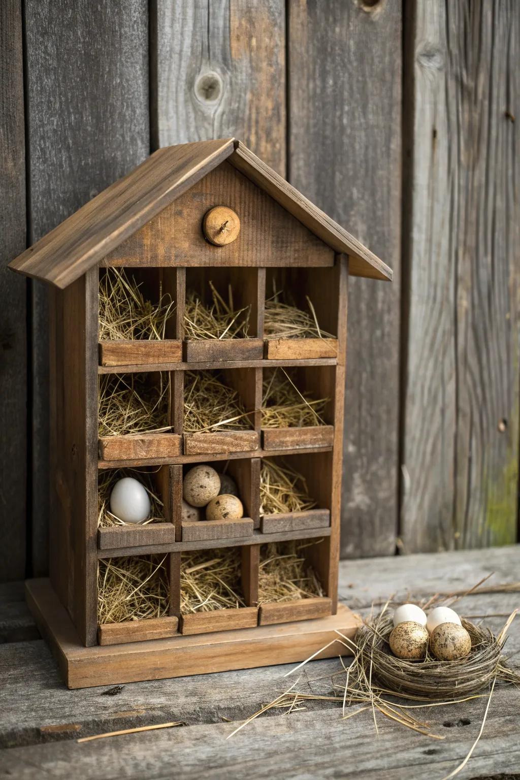 Transform your space with a rustic nesting box made from a repurposed cabinet, combining organization with rustic charm.