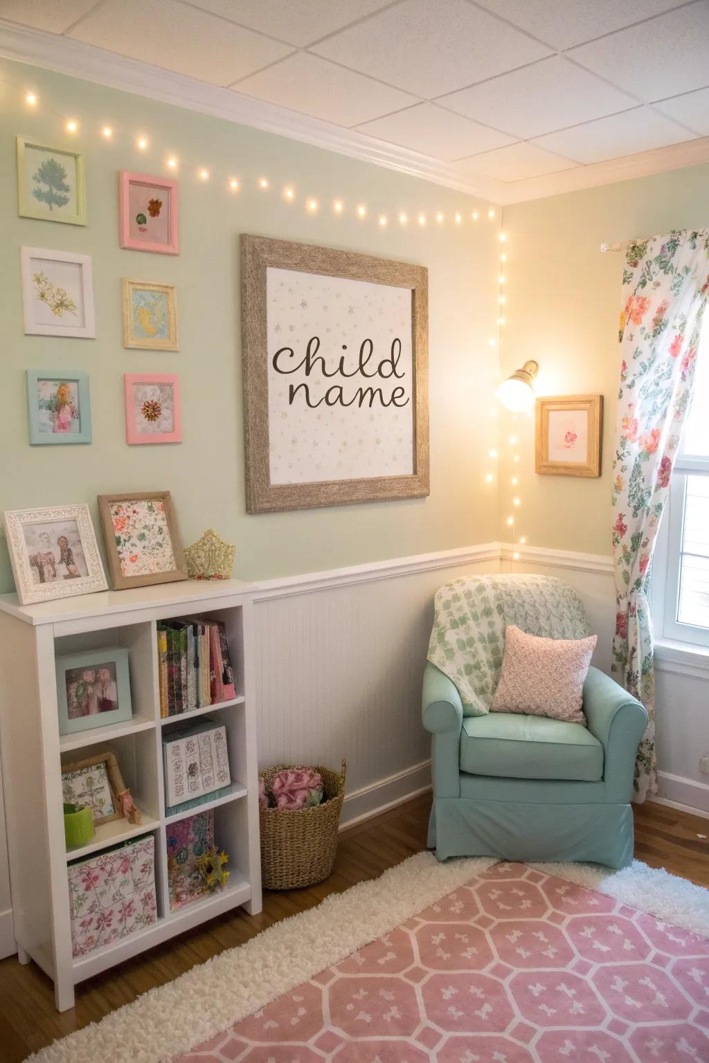 Personalized art adds character and charm to the nursery nook.