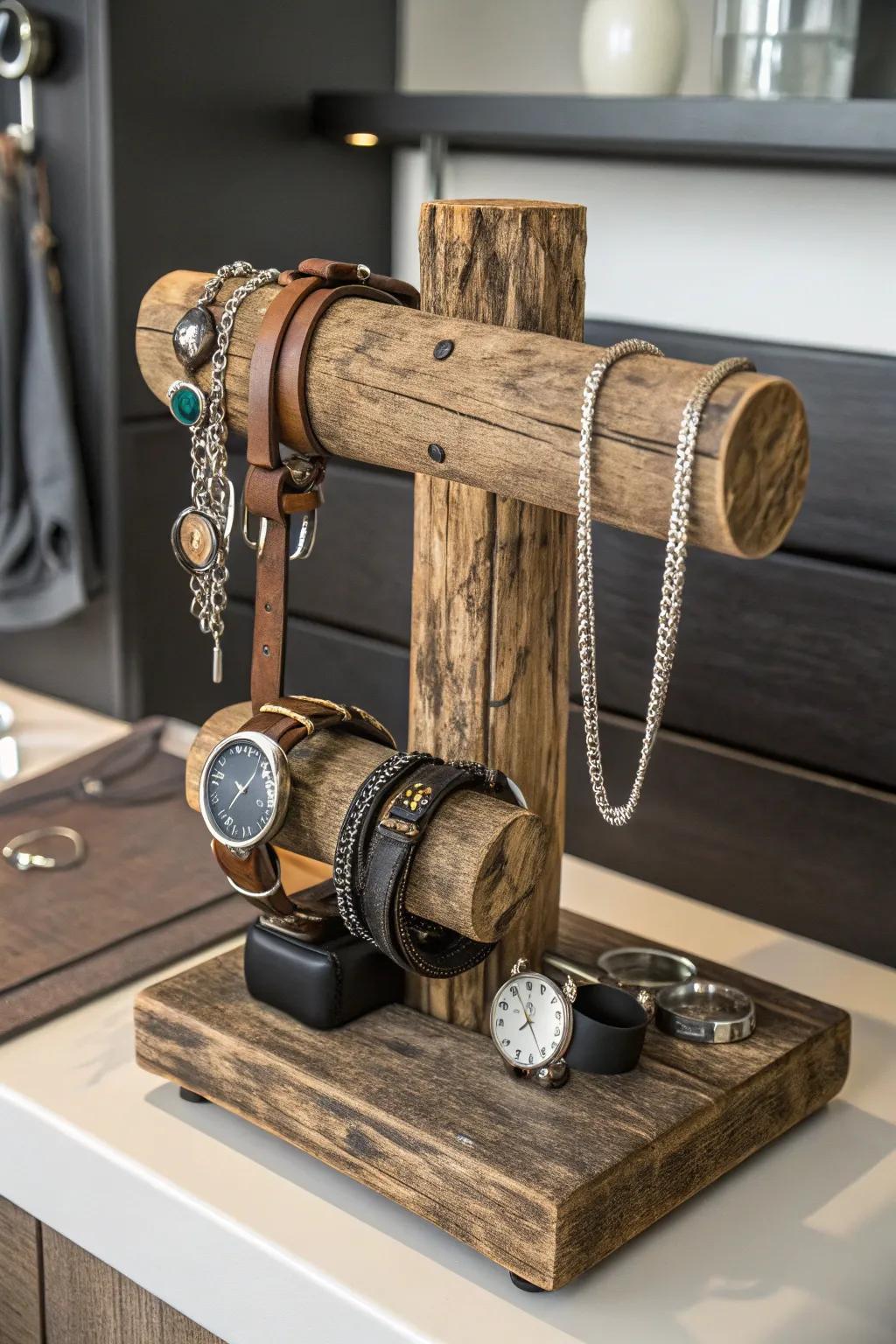 Elevate your accessory game with a handcrafted jewelry stand made from reclaimed fence wood. Rustic charm meets modern elegance.